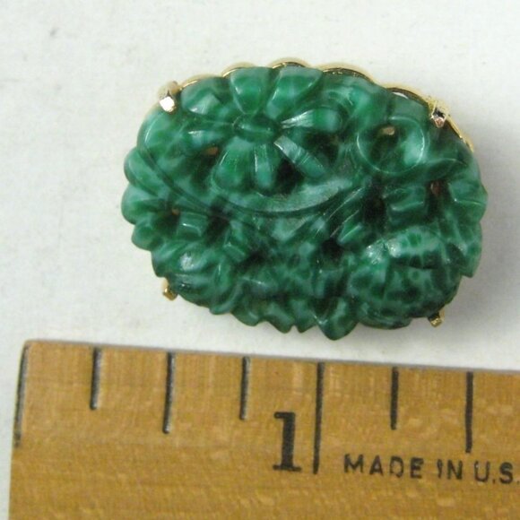 Vintage Marvella Faux Jade Peking Glass Floral Brooch Gold Tone 1950s Jewelry - Picture 2 of 5